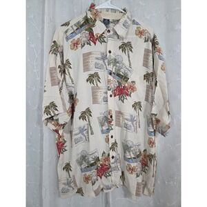 Hibiscus Collection Mens Tan Floral Hawaiian Shirt XLPostcard Palm Tree Hibiscus